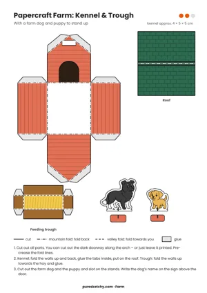 Fold-up net of a red doghouse with a green roof, plus a hay trough and a stand-up farm dog and puppy, printable