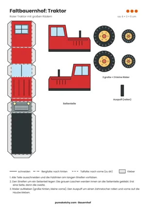 Bastelvorlage für einen roten Traktor mit langem Faltstreifen, zwei Seitenteilen, vier Rädern und Auspuff zum Ausdrucken