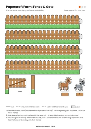 Template with four brown wooden fence pieces with grass strips, a gate, and a stand-up horse and donkey, printable