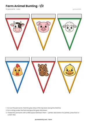 Six triangle pennants with colorful borders and the heads of a cow, pig, sheep, chicken, horse, and duck, printable