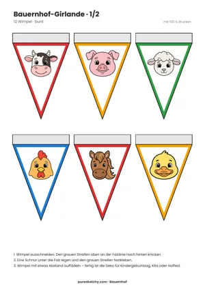 Sechs dreieckige Wimpel mit bunten Rändern und Tierköpfen von Kuh, Schwein, Schaf, Huhn, Pferd und Ente zum Ausdrucken