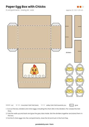 Fold-up net of a tan egg carton with a hen label on the lid, divider strips, and six chick eggs, printable