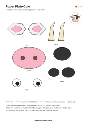 Template for a paper plate cow with ears, horns, a pink snout, black spots, and eyes, printable
