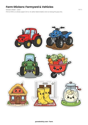 Sticker sheet with 7 large farm stickers: a red and a green tractor, a quad bike, a wheelbarrow with vegetables, a farm shop, rubber boots and a butter churn