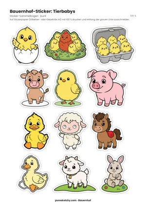 Stickerbogen mit 12 bunten Tierbabys vom Bauernhof: Küken, Kälbchen, Ferkel, Entenküken, Lamm, Fohlen, Zicklein und Kaninchenbaby mit Schneidelinie