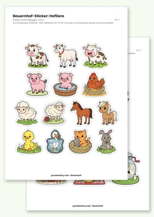 Vier Stickerbögen mit bunten Bauernhof-Motiven: Kühe, Schweine, Küken, Traktoren, Sonnenblume und Kinder im Garten, jeweils mit weißem Rand und grauer Schneidelinie