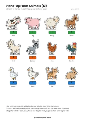 Twelve colorful stand-up farm animals with colored bases, from cow and pig to cat and rabbit, printable