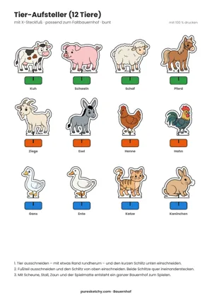 Zwölf bunte Bauernhoftiere zum Aufstellen mit farbigen Fußteilen, von Kuh und Schwein bis Katze und Kaninchen, zum Ausdrucken