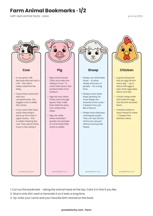 Four colorful bookmarks with the heads of a cow, pig, sheep, and chicken and short animal facts, printable