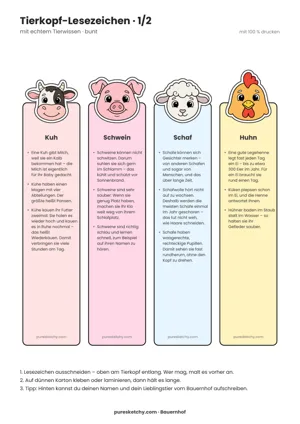 Vier bunte Lesezeichen mit Tierköpfen von Kuh, Schwein, Schaf und Huhn und kurzen Tierfakten zum Ausdrucken