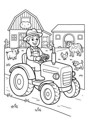 Smiling farmer in a hat and overalls at the wheel of a tractor, with a barn with hay, a stable, a pig, a rooster, a hen, a spotted cow and a puppy behind – coloring page to print