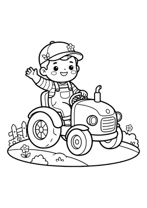 Little farmer in a cap, striped shirt and overalls driving a round tractor and waving, with flowers, bushes and a fence – coloring page to print