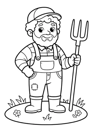 Smiling farmer with a beard, cap, plaid shirt, patched overalls and rubber boots holding a pitchfork on grass with flowers – coloring page to print