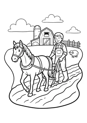 Horse with a collar and harness pulling a plow through furrows, farmer in overalls holding the plow handles, barn, silo and sheep in the background – coloring page to print