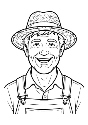Portrait of a laughing farmer with a woven straw hat, stubble, collared shirt and overalls with metal buckles – coloring page to print