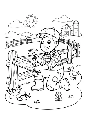 Farmer in a cap, plaid shirt and patched overalls kneeling at a wooden fence and nailing a board, with a duck nearby and a barn, silo and sun in the back – coloring page to print