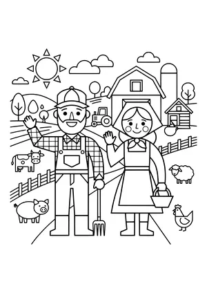 Farmer in a cap, plaid shirt and overalls holding a pitchfork and farmer in a headscarf and apron holding a basket, waving in front of a barn, silo, cow, sheep, pig and chicken – coloring page to print