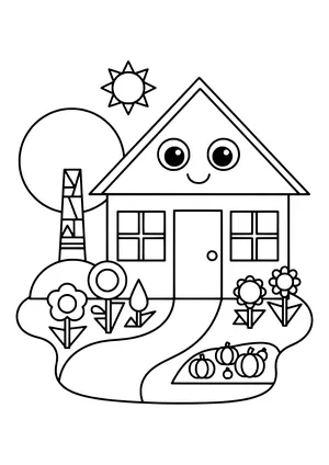 Geometrisches Haus mit Augen und Lächeln im Giebel, zwei Sprossenfenster, Tür, Weg, runde Blumen, Kürbisbeet, Baum mit gemustertem Stamm und Sonne – Ausmalbild zum Ausdrucken