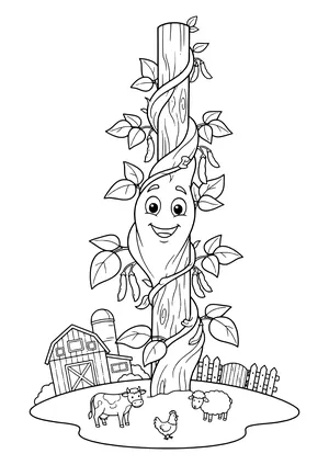 Bean vine with a smiling face, leaves and bean pods wrapped around a tall wooden pole, with a barn and silo, fence, cow, chicken and sheep below – coloring page to print