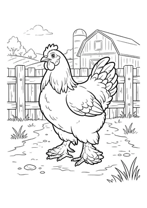Large Brahma chicken with thick feathers and feathered feet on a farm path in front of a wooden fence, barn and silo – coloring page to print
