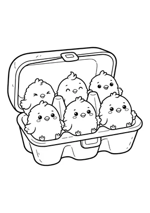Open egg carton holding six round, smiling chicks in two rows – coloring page to print