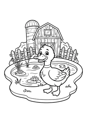 Happy duck at the edge of a pond with water lilies and cattails, wooden barn, silo, picket fence and bushes behind – coloring page to print