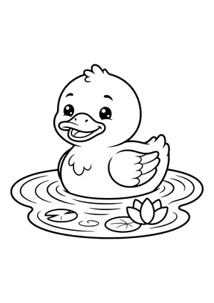 Smiling kawaii-style little duck swimming in a pond with ripples, a water lily and two lily pads – coloring page to print