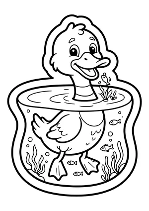 Smiling duck in the water with its body and webbed feet visible below the surface, small fish, bubbles and water plants in sticker style – coloring page to print