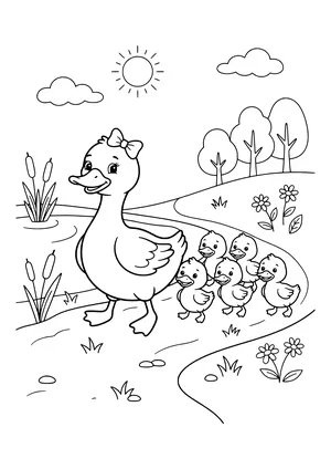 Mother duck with a bow and five ducklings on a path next to a pond with cattails, plus trees, flowers, clouds and the sun – coloring page to print