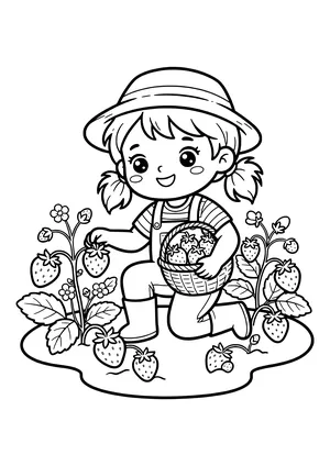 Smiling girl with a sun hat, pigtails and overalls kneeling in a strawberry patch, holding a basket of strawberries and reaching for another berry – coloring page to print