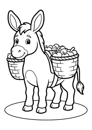 Smiling donkey with long ears carrying two woven baskets full of apples on its back – coloring page to print