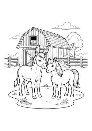 Donkey and pony standing head to head in front of a wooden barn with a fence, a tree and clouds – coloring page to print