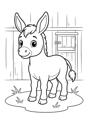 Smiling baby donkey with long ears, an upright mane and a tufted tail standing in front of a wooden wall with a stall door – coloring page to print