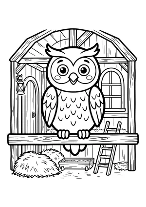 Owl with ear tufts and big eyes perched on a wooden beam in a barn with a lantern, door, window, ladder, feed trough and hay – coloring page to print