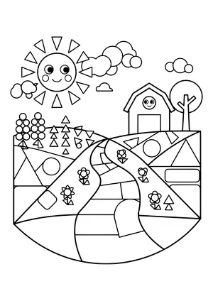 Geometric landscape with a winding farm track, fields filled with triangles and circles, flowers, a smiling sun with triangle rays, clouds, trees and a barn with a face – coloring page to print