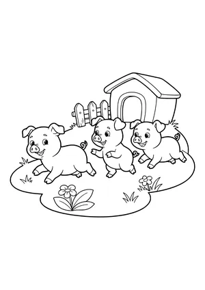 Three happy piglets with curly tails running across the grass in front of a small pig house and wooden fence, with a flower in the foreground – coloring page to print