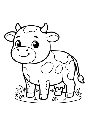 Cute kawaii cow with a big head, shiny eyes and round spots smiling on grass with two small flowers – coloring page to print
