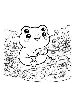 Chubby frog with big shiny eyes holding a lily pad on the bank of a pond with water lilies, cattails and flowers – coloring page to print