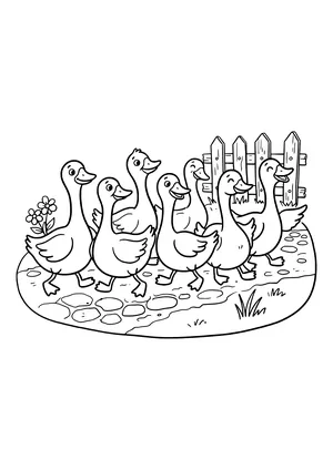 Seven geese waddling along a cobblestone path in front of a wooden fence with a flower and grass tufts – coloring page to print