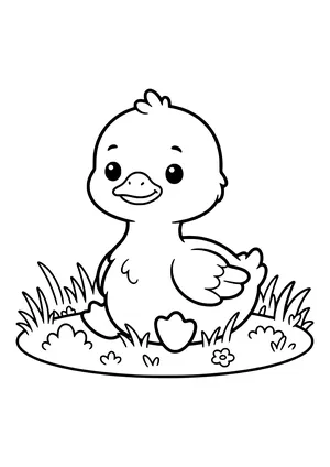 Smiling gosling with a little head tuft sitting in the grass with grass blades and a flower – coloring page to print