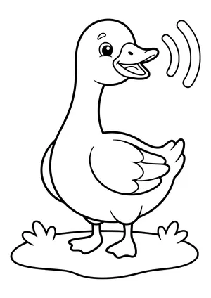 Long-necked goose standing on a patch of grass and honking with an open bill next to two sound waves – coloring page to print