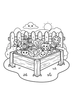 Wooden garden bed by a picket fence with a smiling carrot, tomatoes, cabbage, lettuce, a pumpkin, root veggies and a sunflower, plus a smiling cloud and the sun – coloring page to print