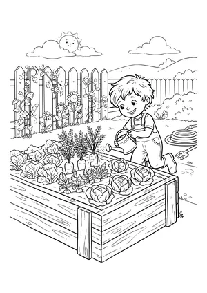 Boy with a watering can kneeling beside a wooden raised bed with lettuce, cabbage and carrots, a fence with flowers and vines, a garden hose and a hand fork – coloring page to print