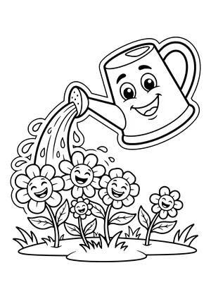 Smiling watering can pouring a stream of water onto five happy flowers with faces on a patch of grass, with a thick sticker-style outline – coloring page to print