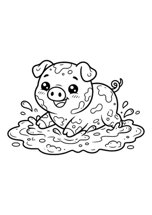 Laughing kawaii piglet with mud spots and a curly tail sitting in a splashy mud puddle – coloring page to print