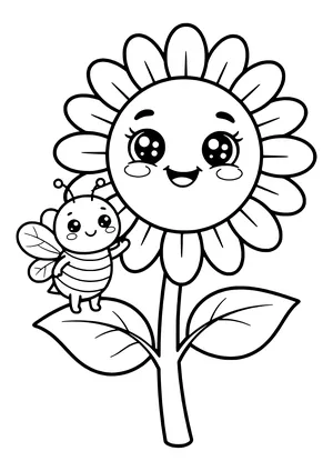 Big sunflower with a smiling face, two leaves on the stem and a waving bee on the left leaf – coloring page to print