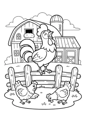Crowing rooster with big tail feathers on a wooden fence, two hens pecking below, a barn with hay and a silo behind – coloring page to print