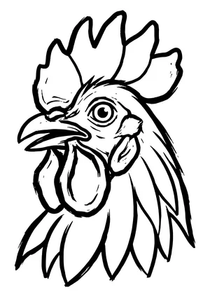 Rooster head in linocut style with a jagged comb, open beak, long wattles and pointed neck feathers – coloring page to print
