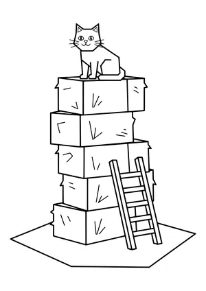 Tower of five stacked square hay bales with a leaning ladder and a cat sitting on top, drawn in simple geometric shapes – coloring page to print