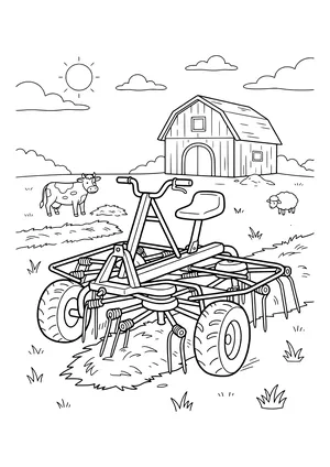 Hay tedder with handlebars, a seat, wheels and rotors with curved tines in a pile of hay, with a barn, a cow, a sheep, the sun and clouds behind it – coloring page to print